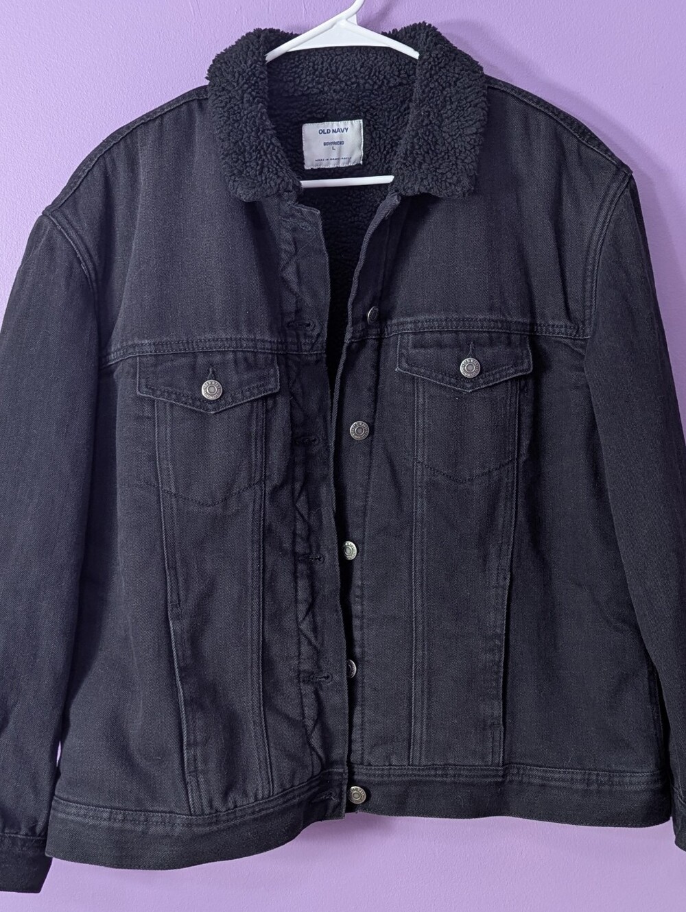 Old Navy Jacket Womens Large Black Sherpa Lined Denim Trucker Boyfriend Coat